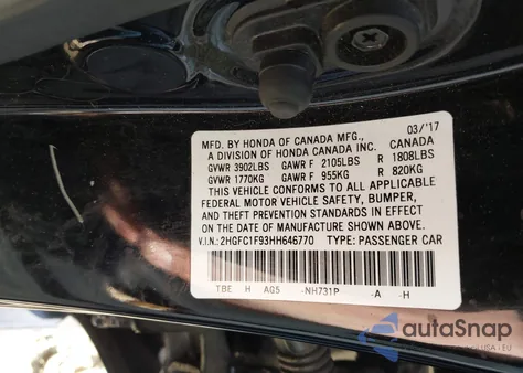 2017 Honda Civic Touring from USA, damaged, VIN 2HGFC1F93HH646770